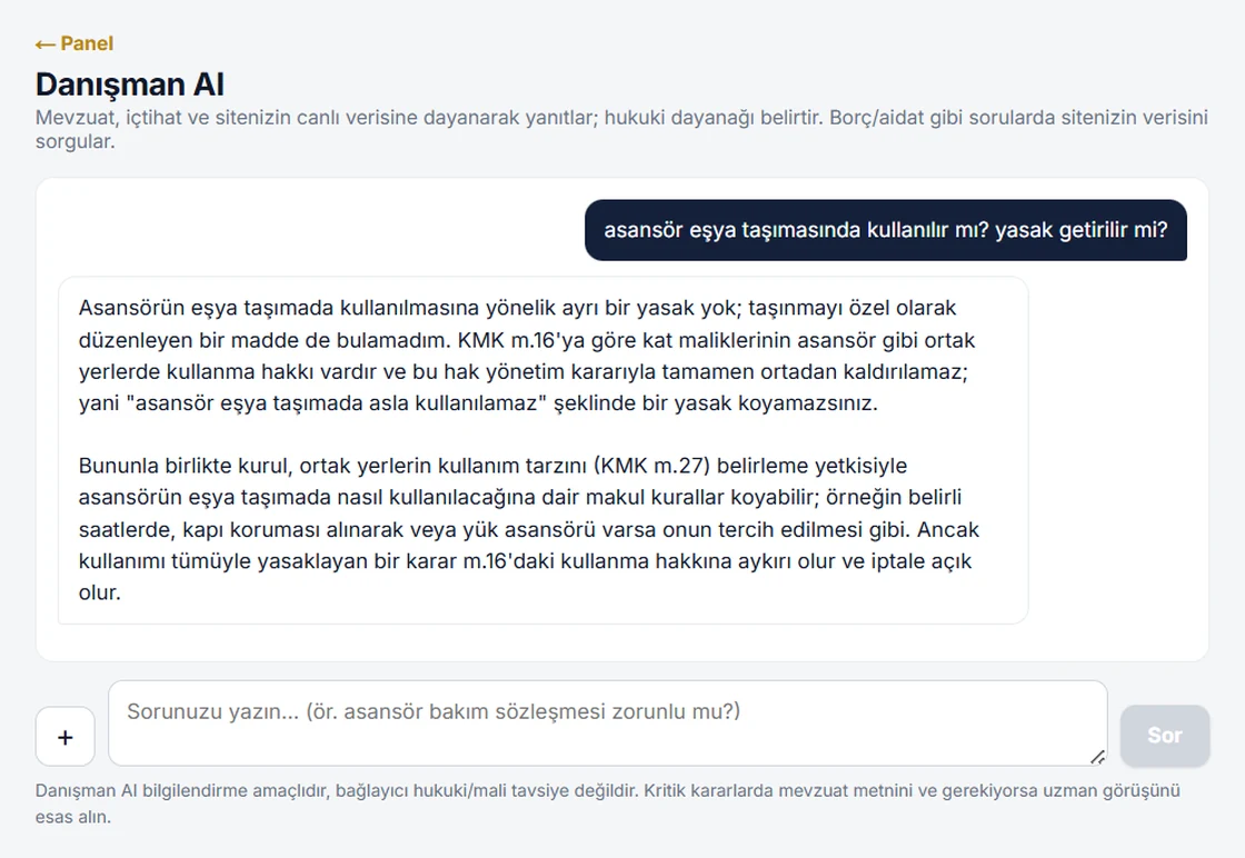 Danışman AI ekranı — asansörün eşya taşımada kullanımı sorusuna KMK m.16 ve m.27'ye atıfla verilen cevap